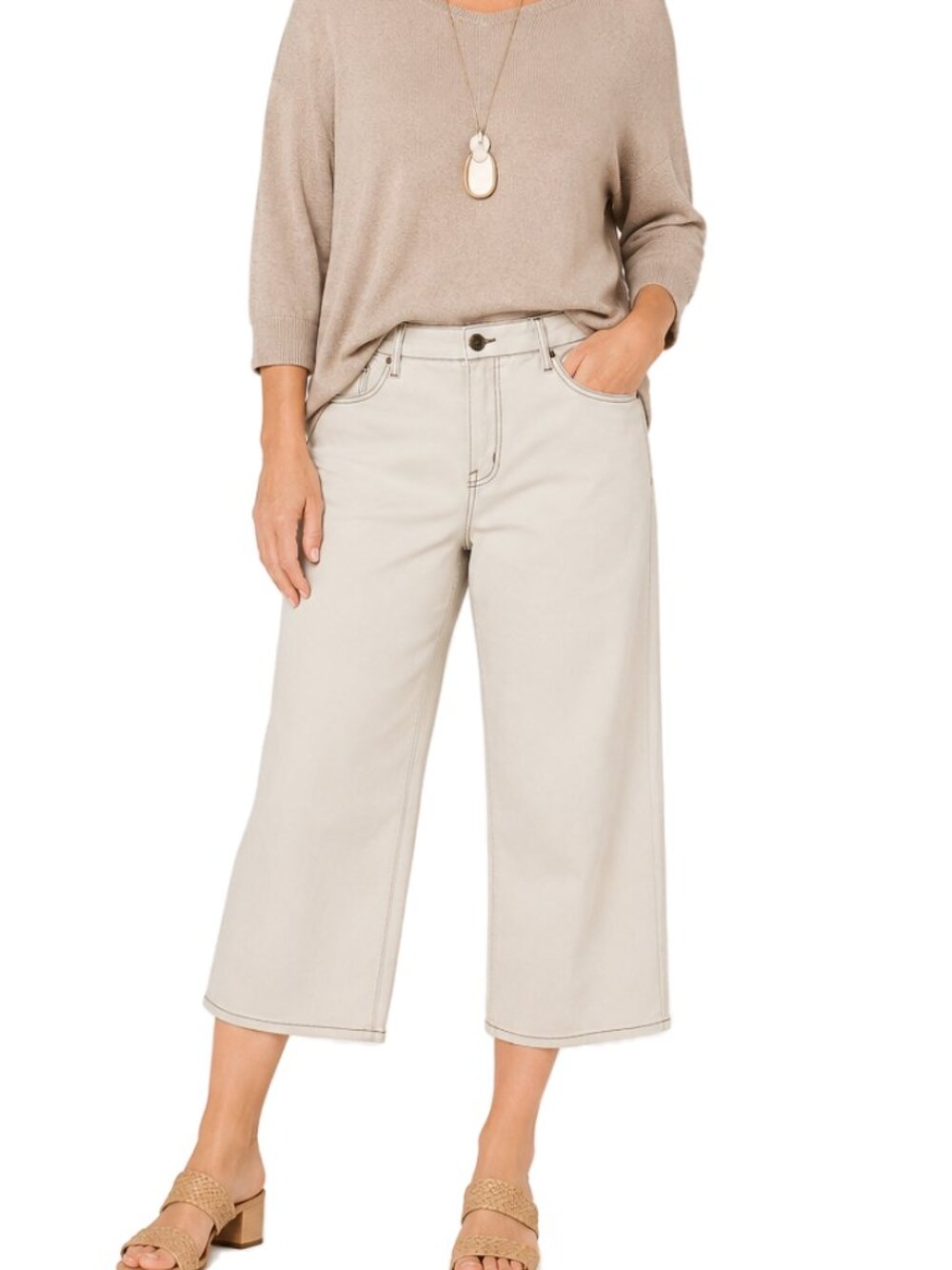 LOGO Lori Goldstein Ecru Wide Leg Crop Jeans Petite 16P Coastal